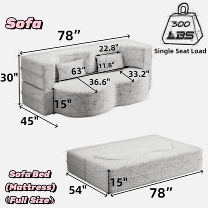 2 in 1 Convertible Folding Sofa Bed, Plush Corduroy Lazy Lounge Sofabed, Foam Folding Floor Sofa Bed, 78" Full Size Memory Foam Couch for Living Room Guestroom, No Assembly Required Sofabed (Beige)