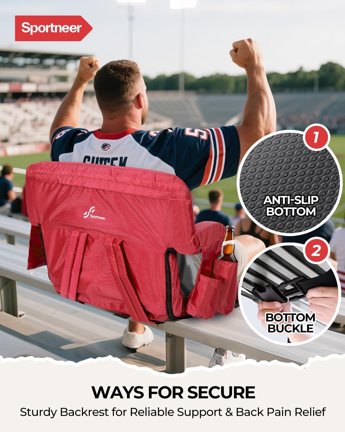 Sportneer Stadium Seats with Back Support: 2.5'' Thick Comfy Cushion 6 Adjustable Angle Bleacher Seat with Armrest - 2 Large Pockets, 2 Cup Holders Stadium Chair for Sport Events Concerts Parks