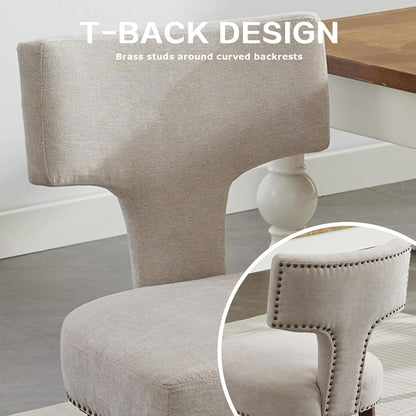 SoarFlash Modern Wooden Dining Chairs Set of 6, Farmhouse Linen Fabric Upholstered Accent Chair Curved Backrest with Copper Nails Around,Kitchen Chairs with Hardwood Frame, Beige