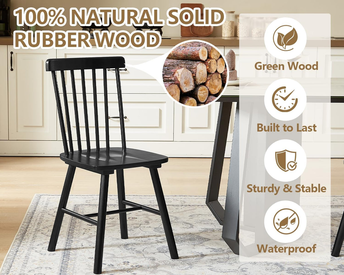 PrimeZone Windsor Dining Chairs Set of 6 - Solid Rubber Wood Farmhouse Kitchen Chair with Spindle Back, Mid-Century Modern Side Dining Chair for Dining Room, Kitchen & Restaurant, Black