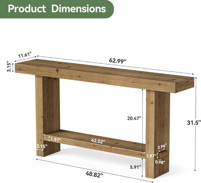 63-Inch Solid Wood Console Table, Narrow Farmhouse Entryway Table with 2-Tier Storage Shelf, for Hallway, Entrance, Living Room, Behind The Couch, Easy to Assemble, Brown