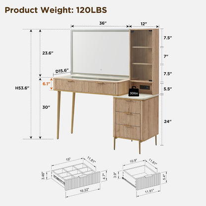 T4TREAM Fluted Makeup Vanity Desk with 36" HD Lighted Mirror, 48" Big Modern Vanity Desk with Mirror and Lights, Dressing Table with 5 Drawers & Shelves, Glass Top for Bedroom (Natural Oak)