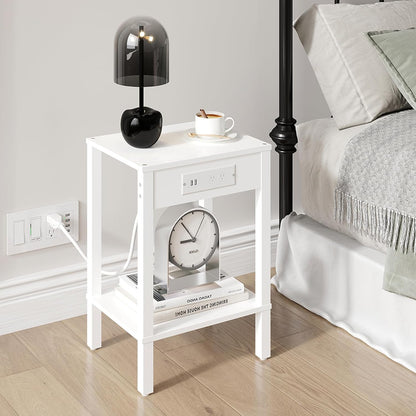 MMEOLUOOK End Table with Charging Station, Sofa Side Table Set of 2, 2-Tier Storage Shelf for Small Space, Nightstands for Living Room Bedroom Bedside Tables White MLBZ14WE-2