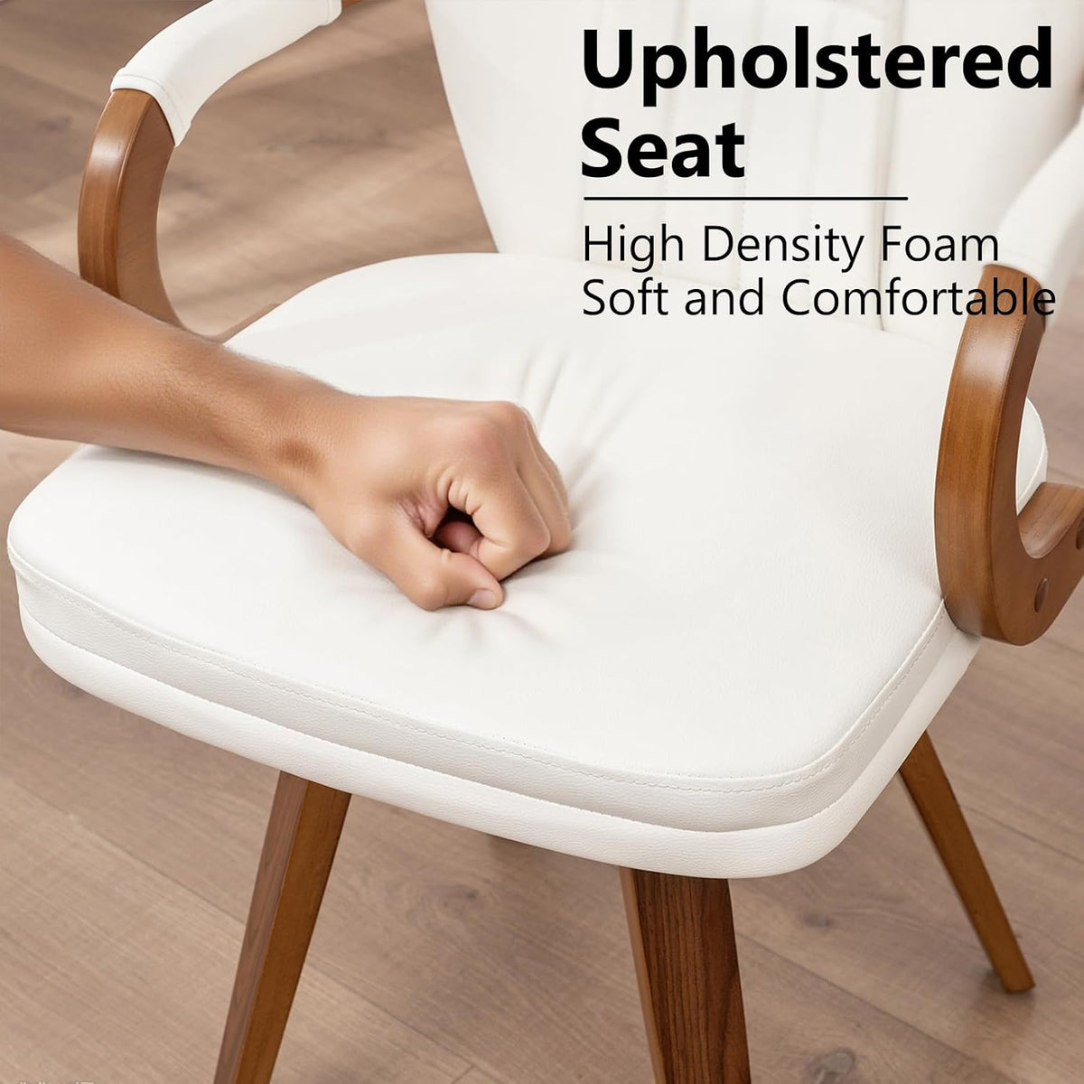 Swivel Dining Chairs Set of 2 Mid Century Modern White Faux Leather Upholstered Kitchen Chairs with Bentwood Frame Armrests Side Chairs,Comfortable Ergonomic Wood Accent Chair No Wheels