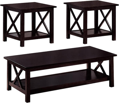 Set of 3 Cherry Round Accent Table with Faux Marble Top, Wood, Brown