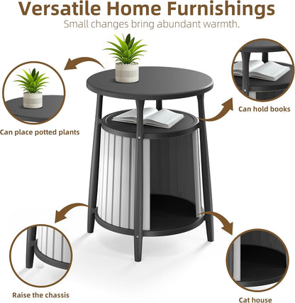 ROJIK End Table with Storage, Round Side Table for Indoor Outdoor Use, All-Weather Resin Accent Table for Small Spaces, Bathroom, Living Room, Bedside Table (Black)