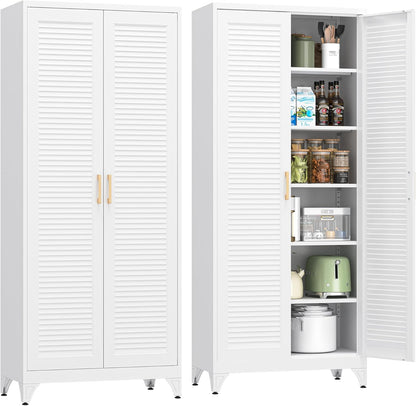 Kitchen Pantry Cabinet, 75" Tall White Metal Storage Cabinet with Doors and Shelves, Kitchen Cabinet for Kitchen, Dining Room, Living Room, Bathroom, Garage and Office