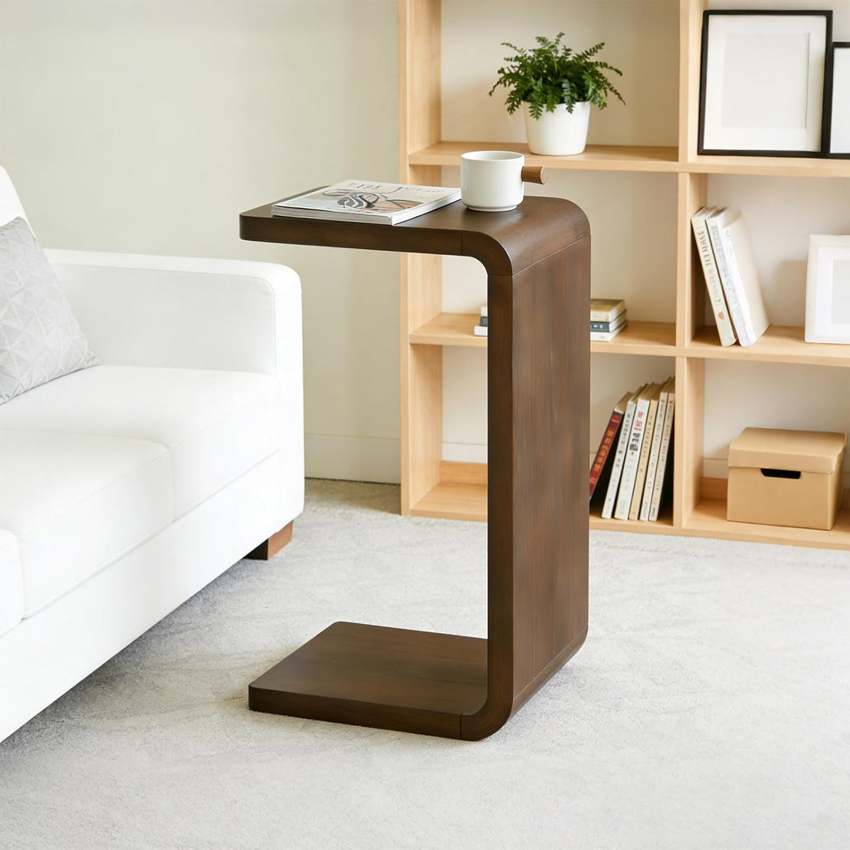 Lefedrasticity C Shaped End Table Small Side Table for Couch Walnut Sofa Table Wooden Narrow Couch Side Table Rustic C Table for Living Room Office Bedroom (Walnut)