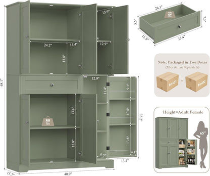 HOSTACK 68" Tall Kitchen Pantry Storage Cabinet with Doors & Shelves, Green | Large Pantry Cabinet with Door Rack, Freestanding Kitchen Storage Cabinet with Drawer, Food Pantry for Dining Living room