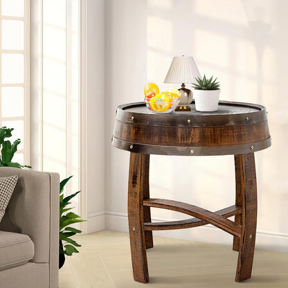 Farmhouse Coffee Table, Round Rustic End Table - Solid Wood Living Room Side Table,Handcrafted Whiskey Barrel Accent Table