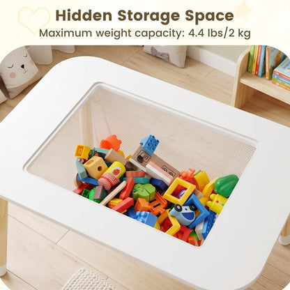 Olakids Kids Table and Chair Set, 4 in 1 Wooden Building Blocks Activity Desk with Reversible Tabletop Storage Basket, Toddler Furniture for Crafts Learning Dining