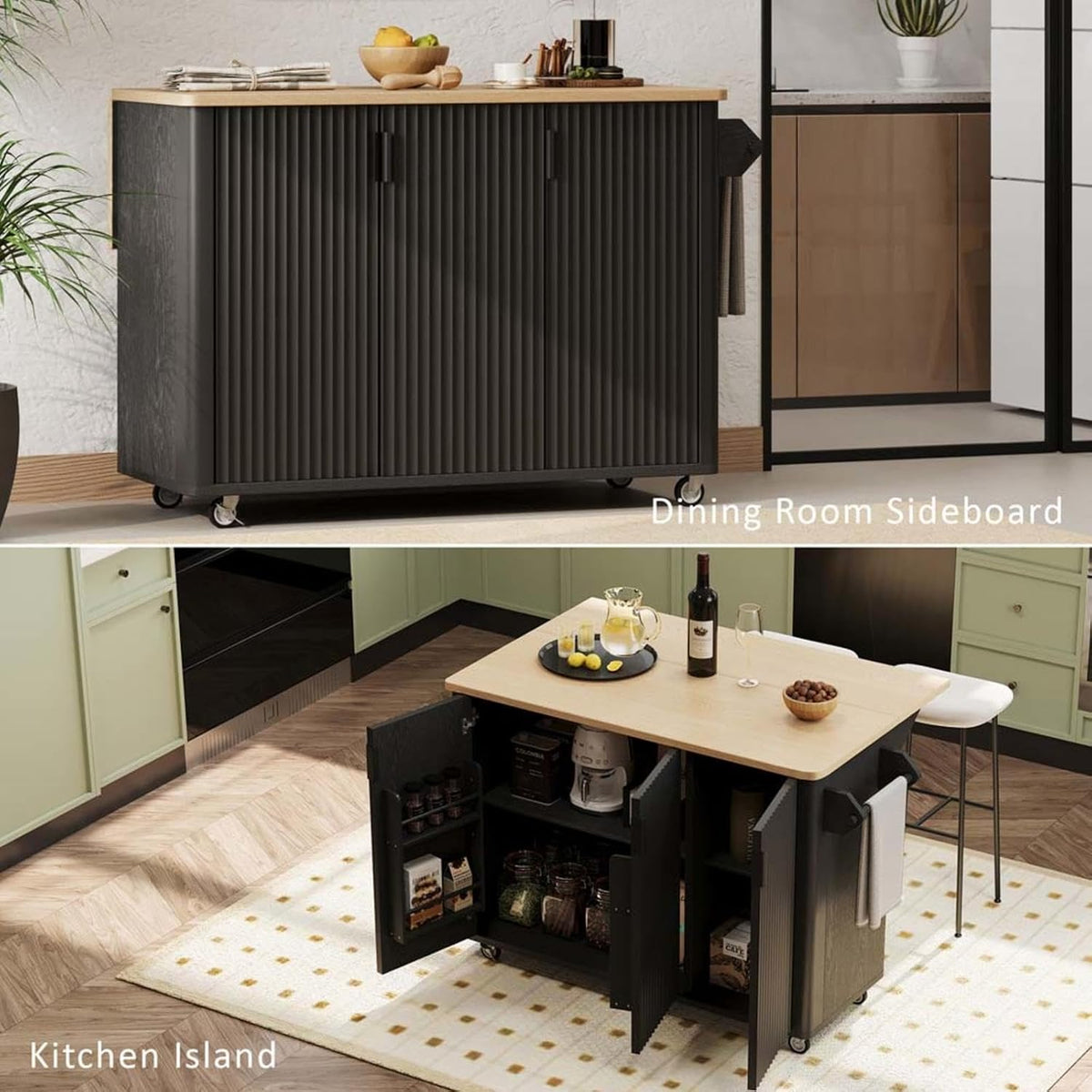 Kitchen Storage Islands and Carts with Drop Leaf Countertop Height-Adjustable Shelves, Rolling Island Cart for Kitchen with Wheels Towel Rack， for Kitchen, Dining Room, Black
