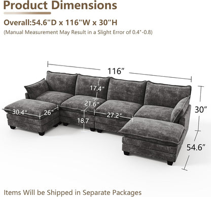 Modular Sectional Couch for Living Room, U Shaped Comfy Sofa | Comfortable Foam Cushions, Sturdy Frame, Appealing Look, Easy Assembly, Soft Chenille Fabric, Movable Ottoman, Dark Gray
