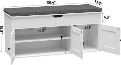 Homleke Shoe Storage Bench with Lift Top & 3 Barn Doors | Entryway Bench with Removable Cushion, Adjustable Shelf & Hidden Storage, for Hallway, Living Room & Bedroom, White