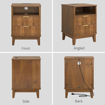 Night Stand Set of 2 with Charger Station, Fluted Nightstand with Drawers and Storage Shelf, Mid Century Modern Bedside Table Nightstands, Large Bed Side Table Wood Night Stands for Bedroom