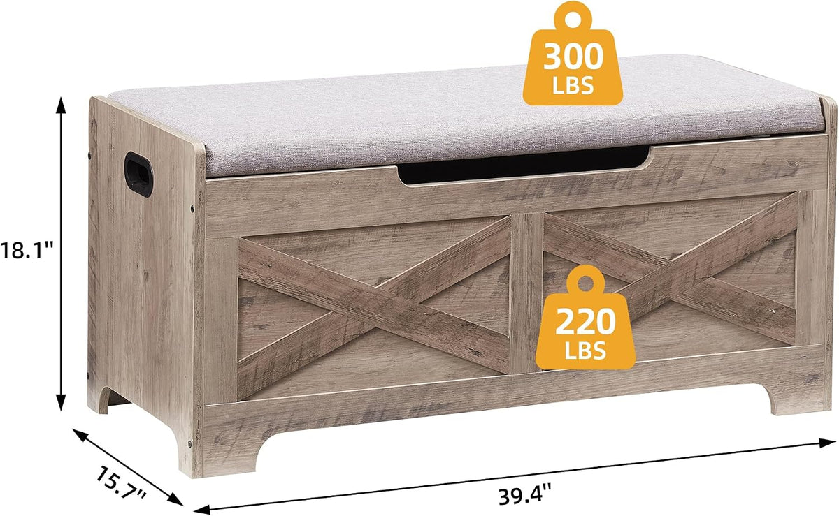 coucheta Storage Chest, Farmhouse Storage Trunk, Wooden Entryway Storage Bench with Safety Hinge and Lift-Top for Entryway, Living Room, Grey