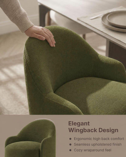 KISLOT Upholstered Dining Chairs Set of 4 with Caster, Pre-Assembled, Green | Modern Dining Room Chairs with Wheels, Rolling Vanity Chair with Round Backrest for Kitchen, Bedroom, Dressing, Linen Fabric
