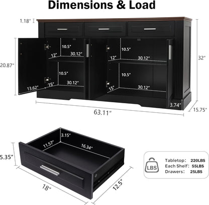 KEIKI 63" Fluted Sideboard Buffet Cabinet with Storage – 4 Doors, 3 Drawers, Adjustable Shelves, Kitchen Buffet, Cabinet for Dishes, Kitchen Console Cabinet, Black