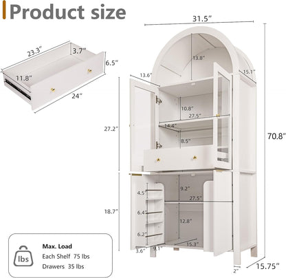 71" Fluted Tall Arched Kitchen Pantry with Glass Door, Farmhouse Storage Cabinet with Adjustable Shelves & Hidden Drawer for Kitchen, Living Room, Dining Room, White