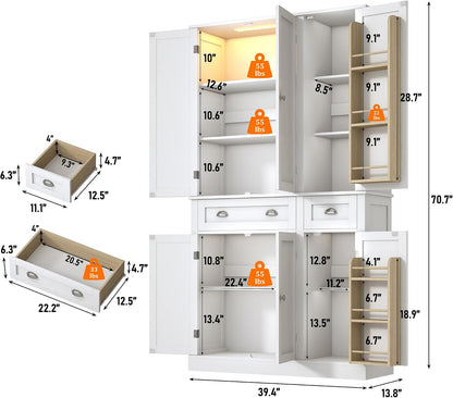 71"H Tall Kitchen Pantry Cabinet with LED Lights,39"W Modern Large Kitchen Hutch Cabinet w/6 Door Shelves,2 Large Drawer,Freestanding Food Pantry w/Adjustable Shelves for Kitchen,Dining Room,White