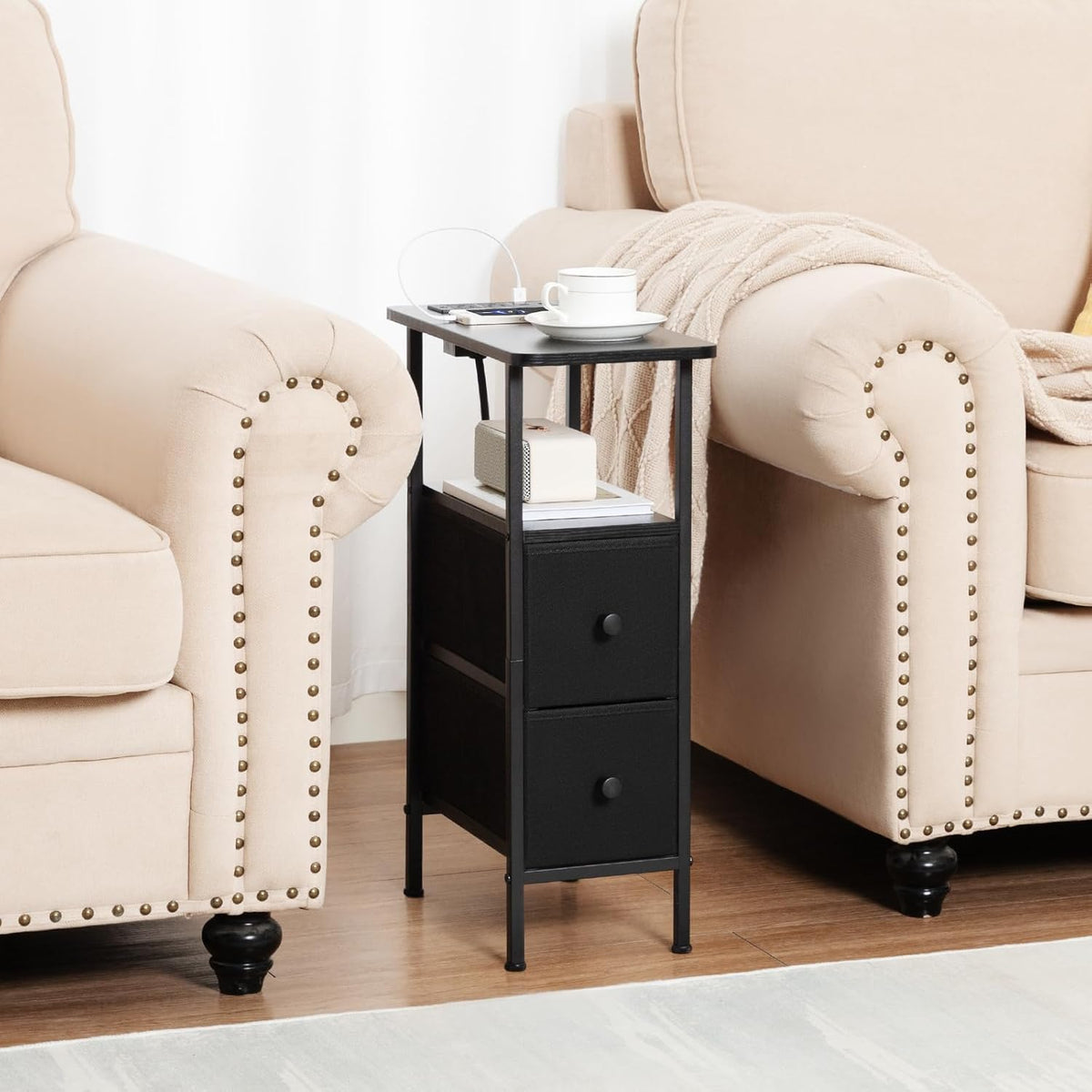 LOAKEKEL Narrow End Table Living Room with Charging Station, Skinny Side Table with Fabric Drawers, Slim Nightstand for Bedroom, Small Spaces, Couch, Black, HETNDP02BK-1