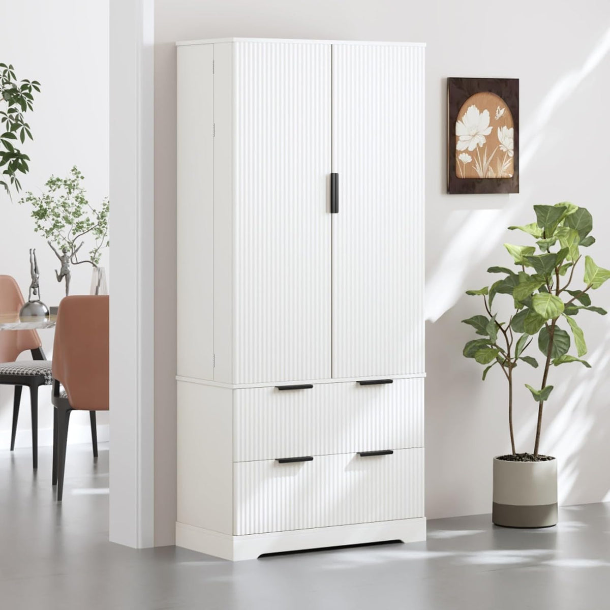 Hassyee 72" Modern Fluted Kitchen Pantry Cabinet with 2 Large Drawers & 8-Door Spice Rack, Freestanding Storage Organizer for Bathroom, Dining Room, Office, Entryway, White