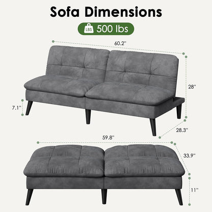 Vongrasig Futon Sofa Bed Velvet Futon Couch with Adjustable Backrest, Small Convertible Folding Sleeper Sofa Bed, Modern Loveseat for Living Room, Bedroom and Small Space, (Gray)