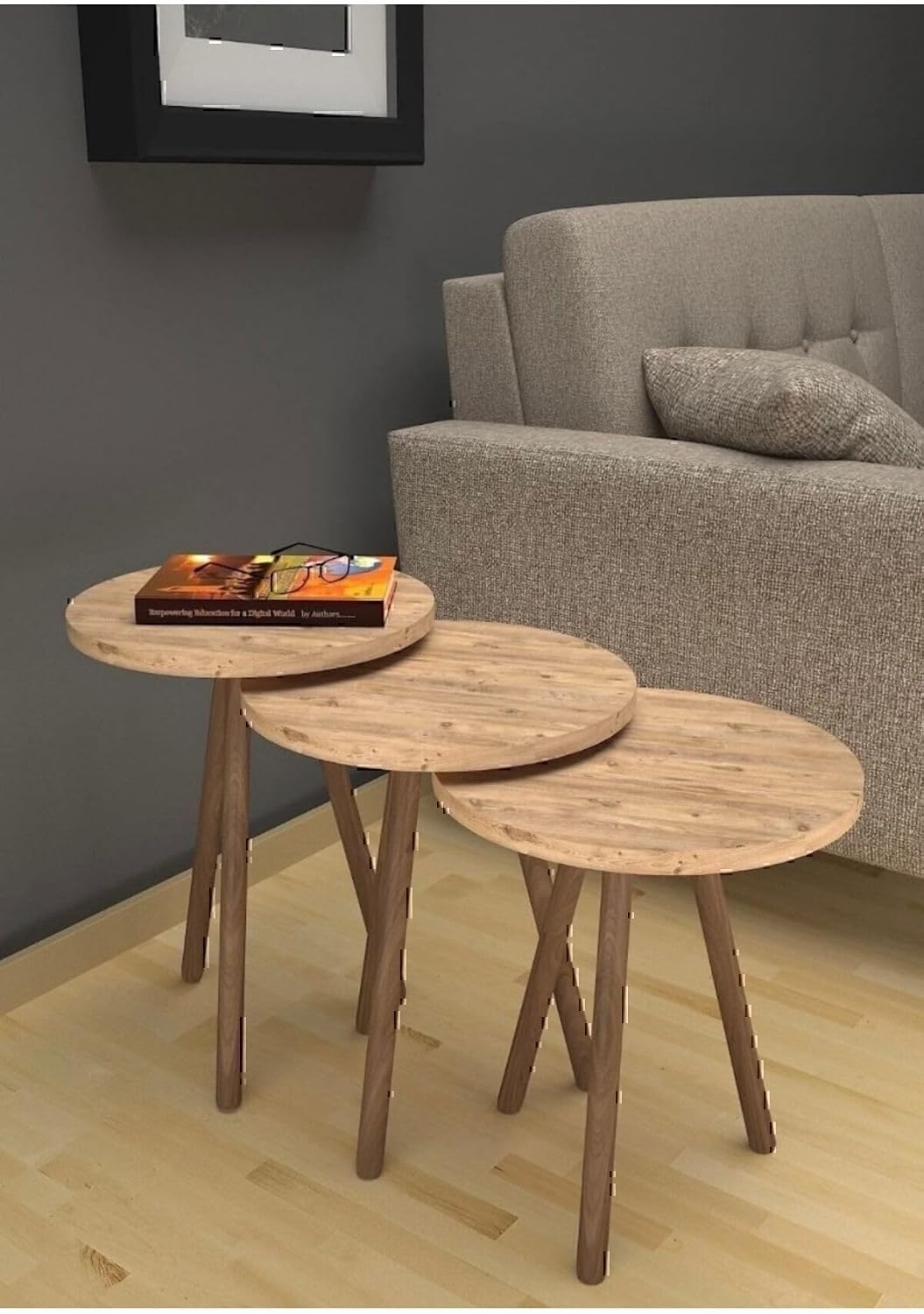 3-Piece Round Nesting Side Table Set with Wooden Legs - Modern Style Coffee and Display Table for Living Room, Atlantik Çam Finish, 13.4 in Diameter Tops - Disassembled for Easy - Atlantik Çam