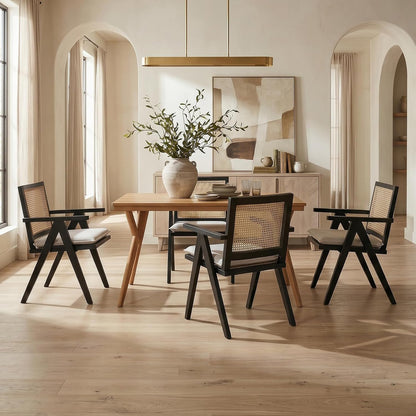 Hyfirm Rattan Dining Chairs Set of 4, Farmhouse Wicker Dining Chairs with Removable Linen Upholstered Seat Accent Cane Armchairs for Dining Room Kitchen Restaurant, Black Wood