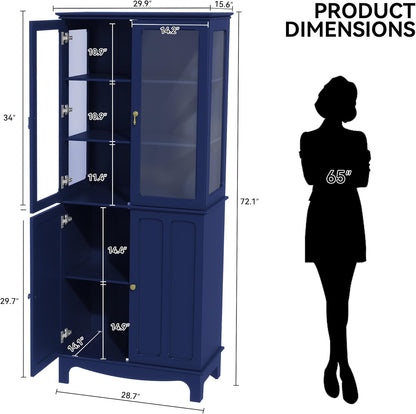 ARTPOWER 72" Freestanding Kitchen Pantry Storage Sideboard, Classical Tall Cabinet with Glass Door and Adjustable Shelves for Kitchen, Livingroom and Dining Room, Navy Blue