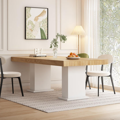 Modern Dining Table for 6-8 People, 78.7" Wood Kitchen Table with Stylish Pedestal, Long Rectangle Wooden Dinner Table for Dining Room, Brown & White