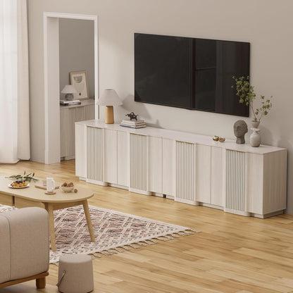 Brafab Buffet Cabinet, 110" Modern Farmhouse Accent Sideboard Cabinet with 8 Doors, Wood Fluted Credenza for Living Room and Kitchen, White