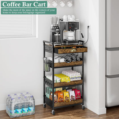 XYZLVSI Rolling Utility Cart, 4 Tier Coffee Cart Station with Drawer | Metal craft storage cart, nail cart with wheels, ideal for living room/entryway/bathroom/office/makeup, wire basket, hooks