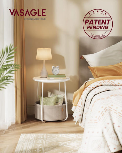 VASAGLE LILEA Collection - Small Round Side End Table, Modern Nightstand with Fabric Basket, Matte White and Camel Brown ULET223W10