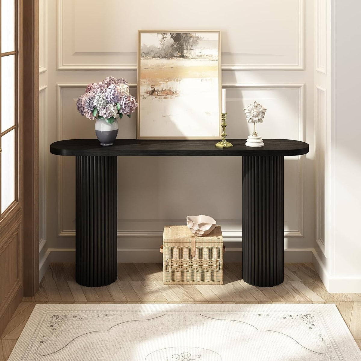 55" Fluted Console Table with Solid Wood Legs, Long Farmhouse Entryway Table with Rounded Corners, Morden Sofa Tables Behind Couch for Foyer, Entrance, Living Room, Hallway