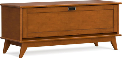 SIMPLIHOME Draper Storage Bench - 44 inch Wide Solid Wood Entryway Bench in Teak Brown, Mid Century Hallway Bench for Living Room with Flip-Down Door and 3 Cubbies