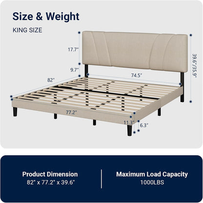 Avenco King Bed Frame, Upholstered Platform Bed Frame with Adjustable Headboard, Wood Slat Support, Easy Assembly, No Box Spring Needed, Beige