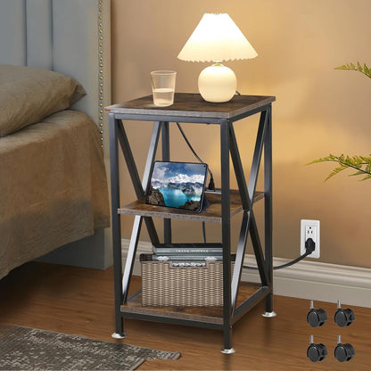 Square End Table with Charging Station, 3-Tier End Table Living Room, 16" D X 16" W X 28" H, Wood and Metal Table with USB Ports and Outlets, Side Table with Wheels for Living Room, Bedroom, Kitchen