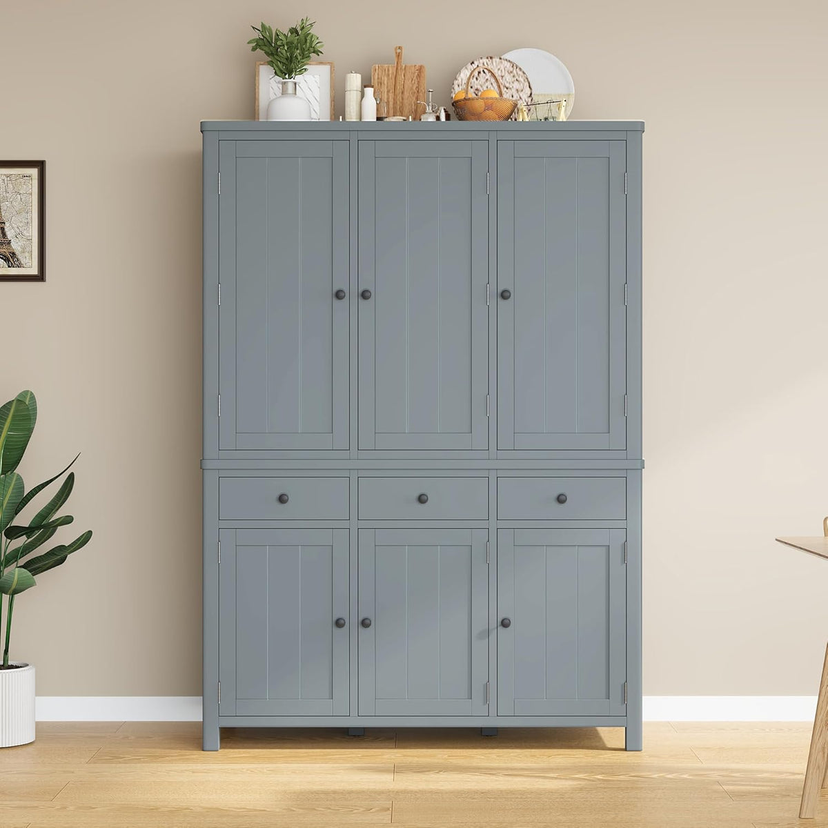 Harper & Bright Designs Kitchen Pantry Storage Cabinet with Door Shelves, Adjustable Shelves, Pull-Out Trays and Drawers, Freestanding Cupboard for Kitchen, Dining Room, Living Room,Grey