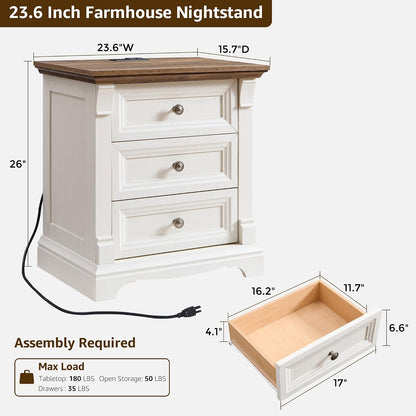 Farmhouse 26"H Nightstand Set of 2, 23.6"W End Table with Charging Station | 3 Drawers Storage, Wood Side Table w/Roman Column, Bedside Cabinet for Bedroom, Living Room, Antique White
