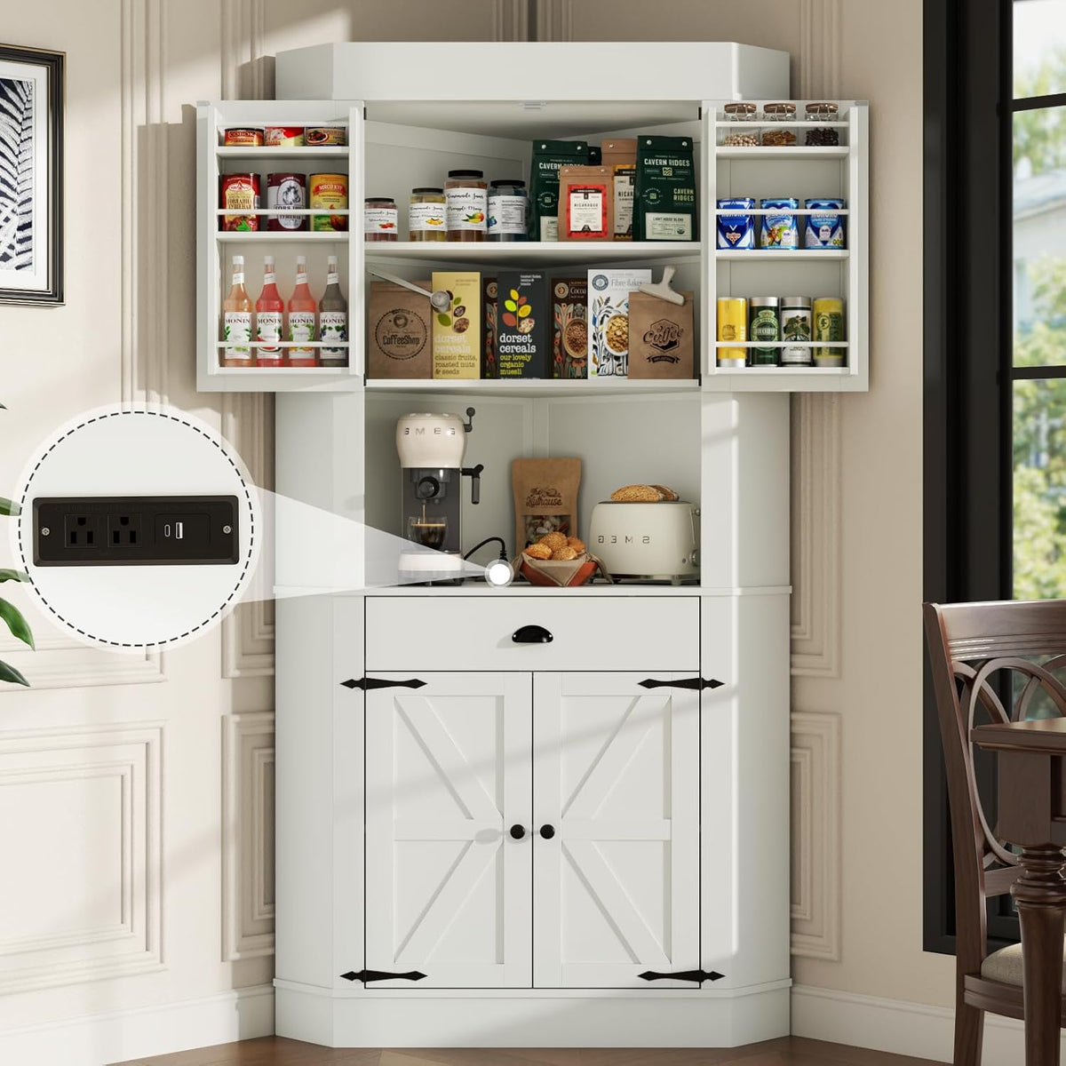74"Corner Cabinet with Charging Station,Kitchen Pantry Storage Cabinet with Drawer,Freestanding Kitchen Pantry Cabinets with Doors and Shelves,Farmhouse Food Hutch for Dining Room,Living Room(White)