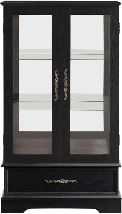 47" Lighted Glass Accent Curio Cabinet, 3-Tier Antique Storage Cage with Adjustable Shelves & Drawer, Acrylic Mirrored Pane, Light Blub Included, Small China Cabinet for Living Room/Kitchen (Black)