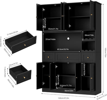 BOTLOG 72" Tall Black Pantry Cabinet with Wine Rack, Microwave Stand | Kitchen Hutch with 8 Doors and 3 Drawers for Dining Room Kitchen, Home Bar Black