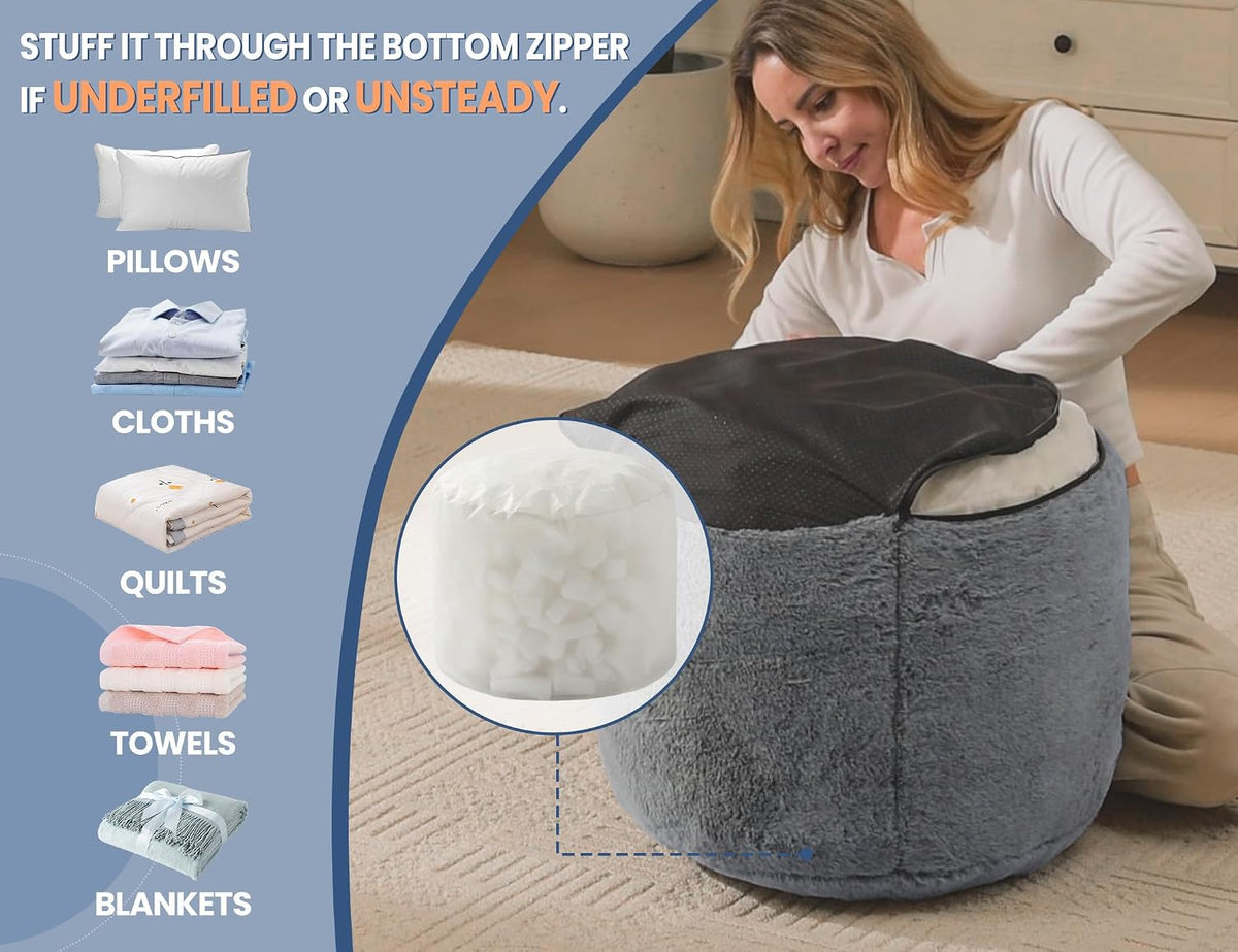 WSOFRLAC Ottoman Foot Rest,Large Round Ottomans Pouf Couch,Dark Gray26x18in | Tall Ottoman, Stuffed Foot Rest for Couch, Furry and Fluffy Foot Stool Ottomans, Floor Poufs For Living Room, Sofa