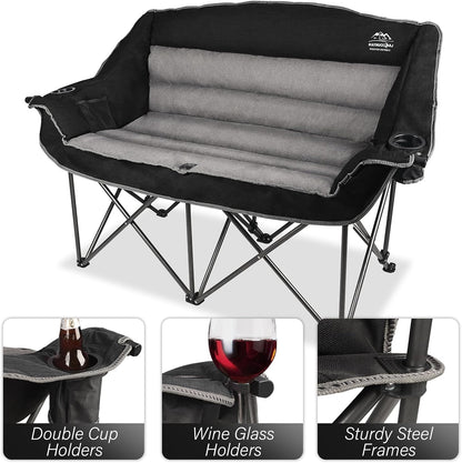 Fully Padded Folding Double Camping Chairs,Comfy Oversized Loveseat Lawn Chair w/Wine Glass Holder,Cup Holder,Heavy Duty Outdoor Portable Camp Couch Support 600 Lbs,Black