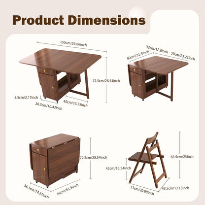 Small Drop Leaf Table - Folding Dining Table Set for 6 with 6 Foldable Chairs Inside, Fully Assembled Solid Wood Space-Saving Kitchen Table and Chairs Set with Storage & Lockable Wheels, Walnut, 59"