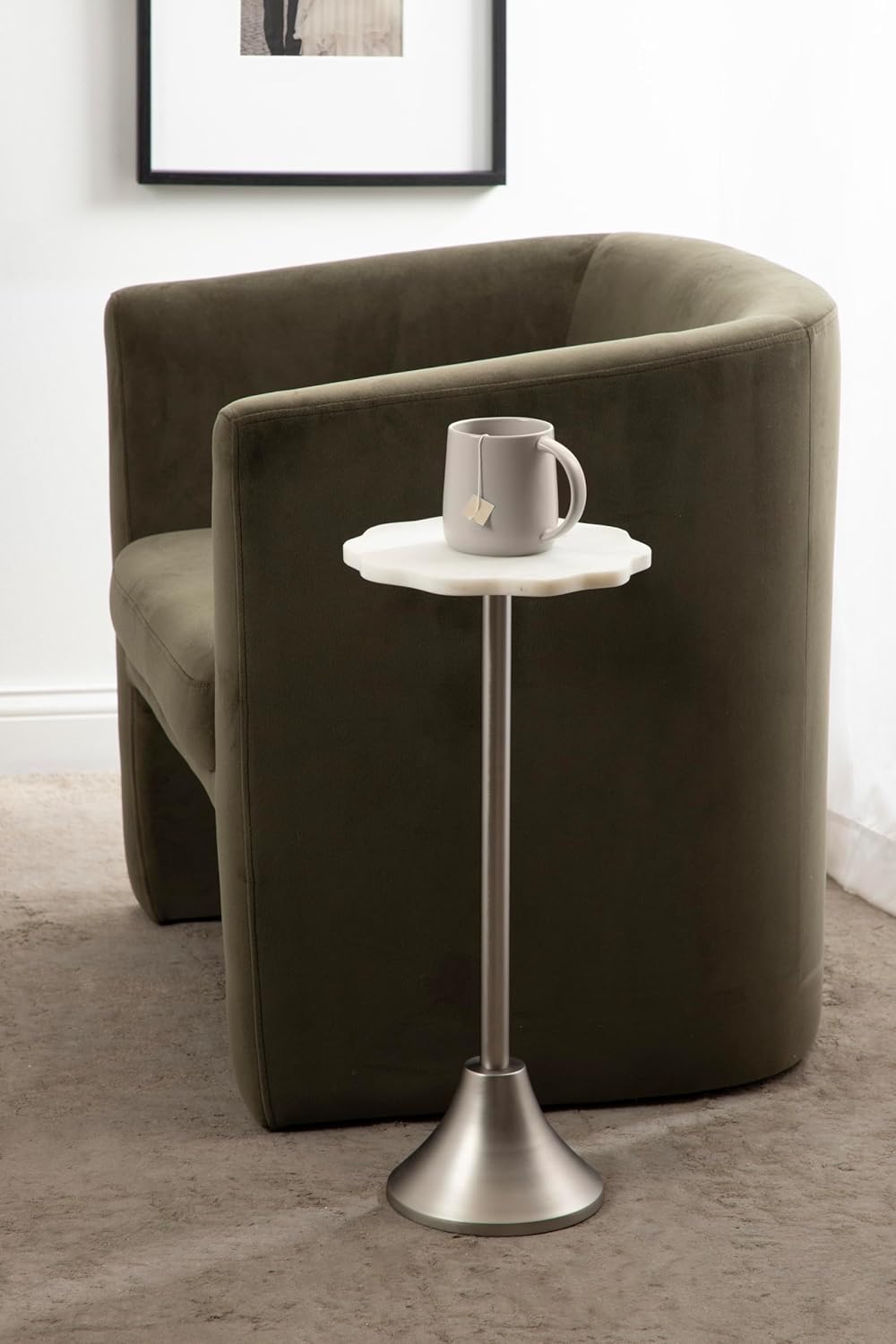 Kate and Laurel Sanzo Modern Pedestal Drink Table, 10 x 10 x 23, White Marble and Silver, Decorative End Table with Scalloped Marble Tabletop for Use as Small Plant Stand or Cute Martini Table