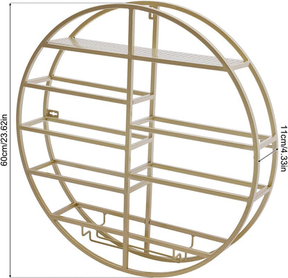 Wall Mounted Wine Rack with Glass Holder, Gold Metal Bottle Holder Round Wine Storage Display Rack for Restaurants Bar Dining Room Kitchen