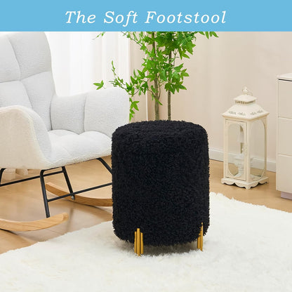 Round Storage Ottoman,Modern Foot Stool with Metal Legs,Vanity Stool with Soft Padded Seat,Side Table or Plant Stand for Hallway,Living Room (Black-Long Wool)