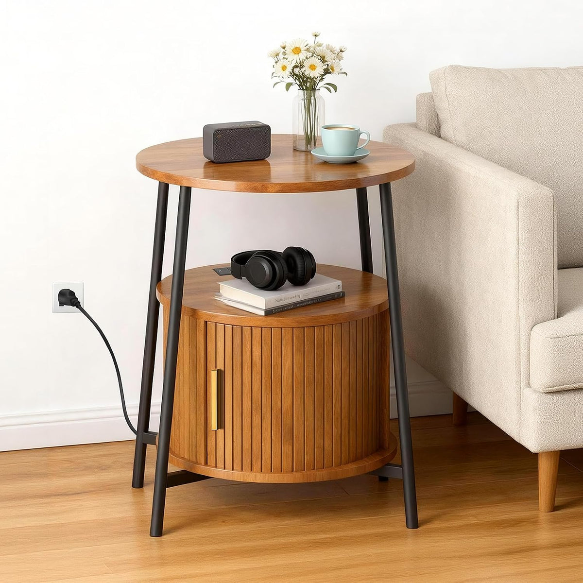 DHH Round End Tables with Charging Station, Fluted Accent Side Table with Sliding Door, Mid-Century Modern Nightstand for Small Space Storage, Living Room, Bedroom,Sofa Couch(Yellow)